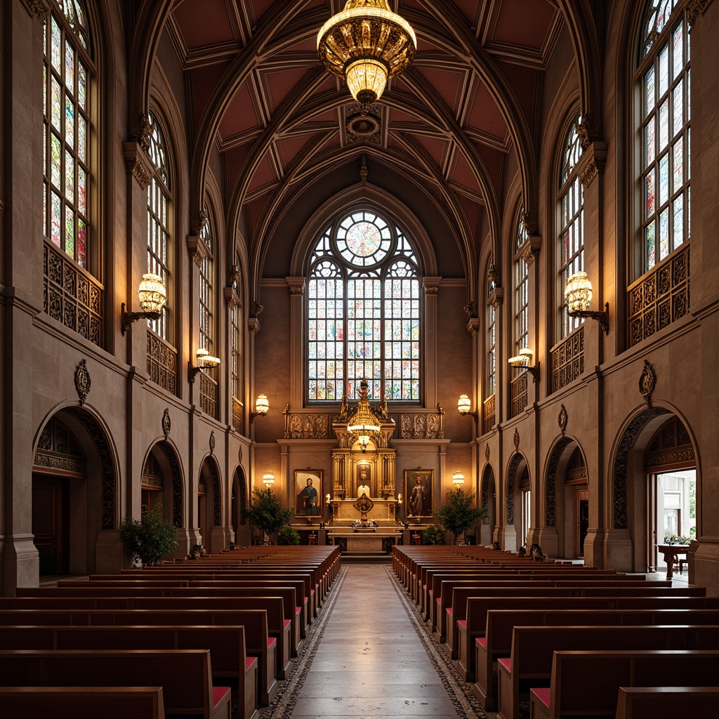 Prompt: Elegant worship hall, ornate chandeliers, stained glass windows, rich wood tones, velvety pews, intricate carvings, geometric patterns, metallic accents, luxurious fabrics, dramatic ceiling heights, symmetrical compositions, warm soft lighting, subtle color palette, refined architectural details, grandiose entranceways, imposing pillars, sophisticated ornamentation.