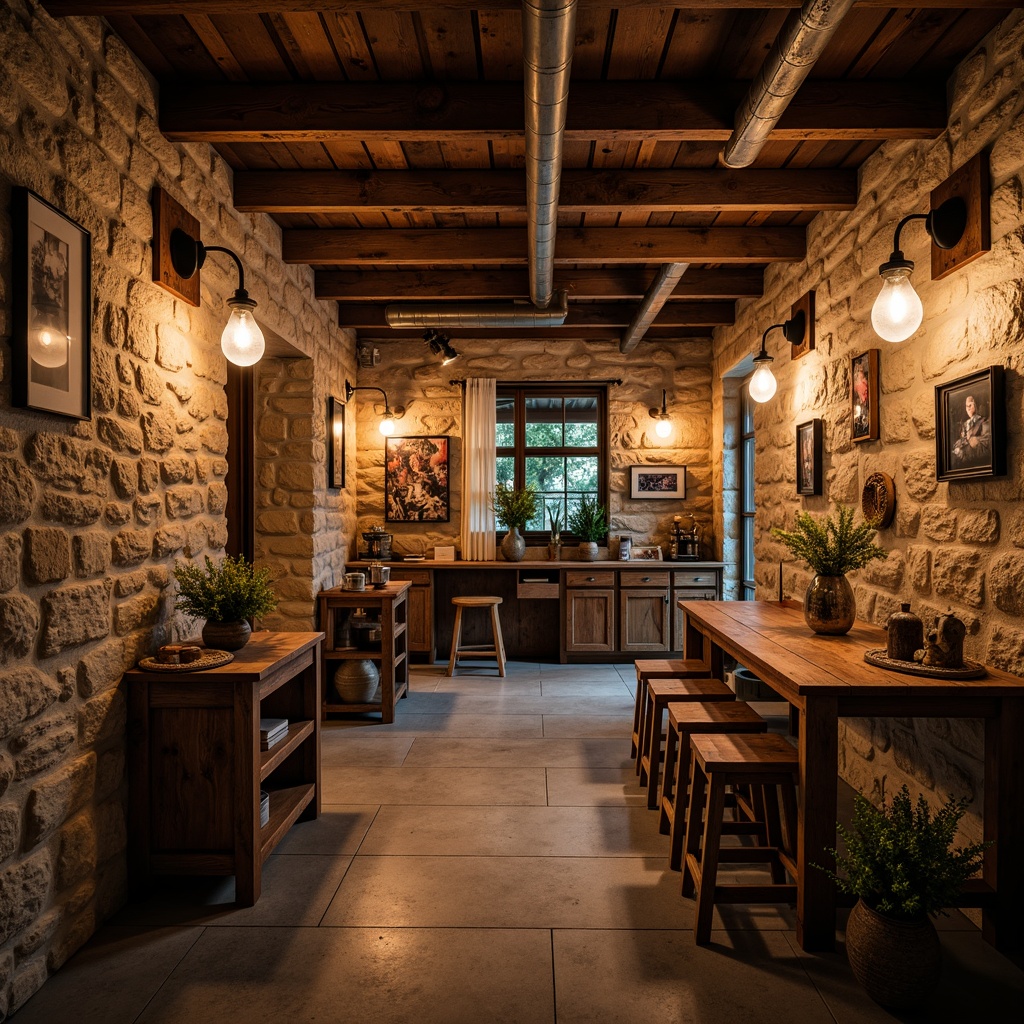 Prompt: Rustic basement, wooden beams, stone walls, earthy tones, warm ambiance, cozy atmosphere, industrial lighting fixtures, metal shades, Edison bulbs, exposed ductwork, reclaimed wood accents, vintage decorative items, soft warm glow, low-hanging pendants, rustic metal lanterns, distressed finishes, natural textures, earthy color palette, moody shadows, dramatic lighting effects.