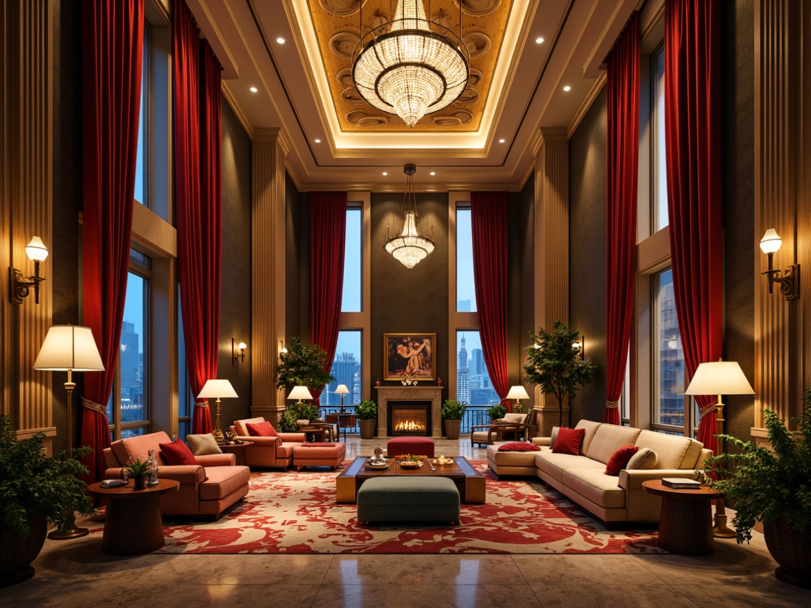 Prompt: Luxurious penthouse interior, dramatic high ceilings, grand chandeliers, lavish cove lighting, warm golden spotlights, rich velvet drapes, ornate metallic fixtures, opulent marble floors, extravagant furniture pieces, eclectic art collections, vibrant expressionist colors, bold brushstroke patterns, lavish textiles, moody atmospheric lighting, cinematic shadows, low-key illumination, 1/2 composition, narrow depth of field, dramatic camera angles.