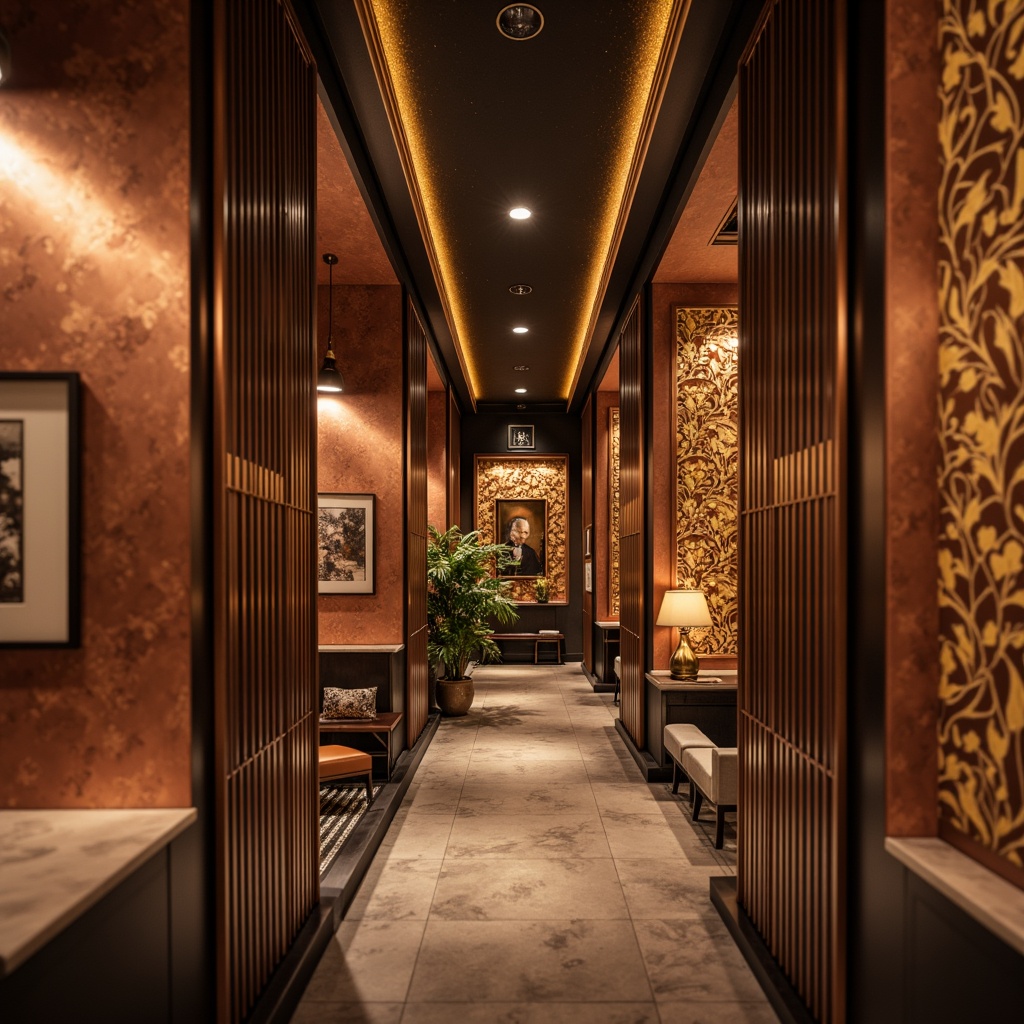 Prompt: Luxurious interior space, copper accented walls, bronze finished decorative panels, warm earthy tones, metallic sheen, ornate patterns, intricate designs, rich textures, high-end materials, opulent ambiance, dramatic lighting effects, shallow depth of field, 1/2 composition, realistic renderings, ambient occlusion.