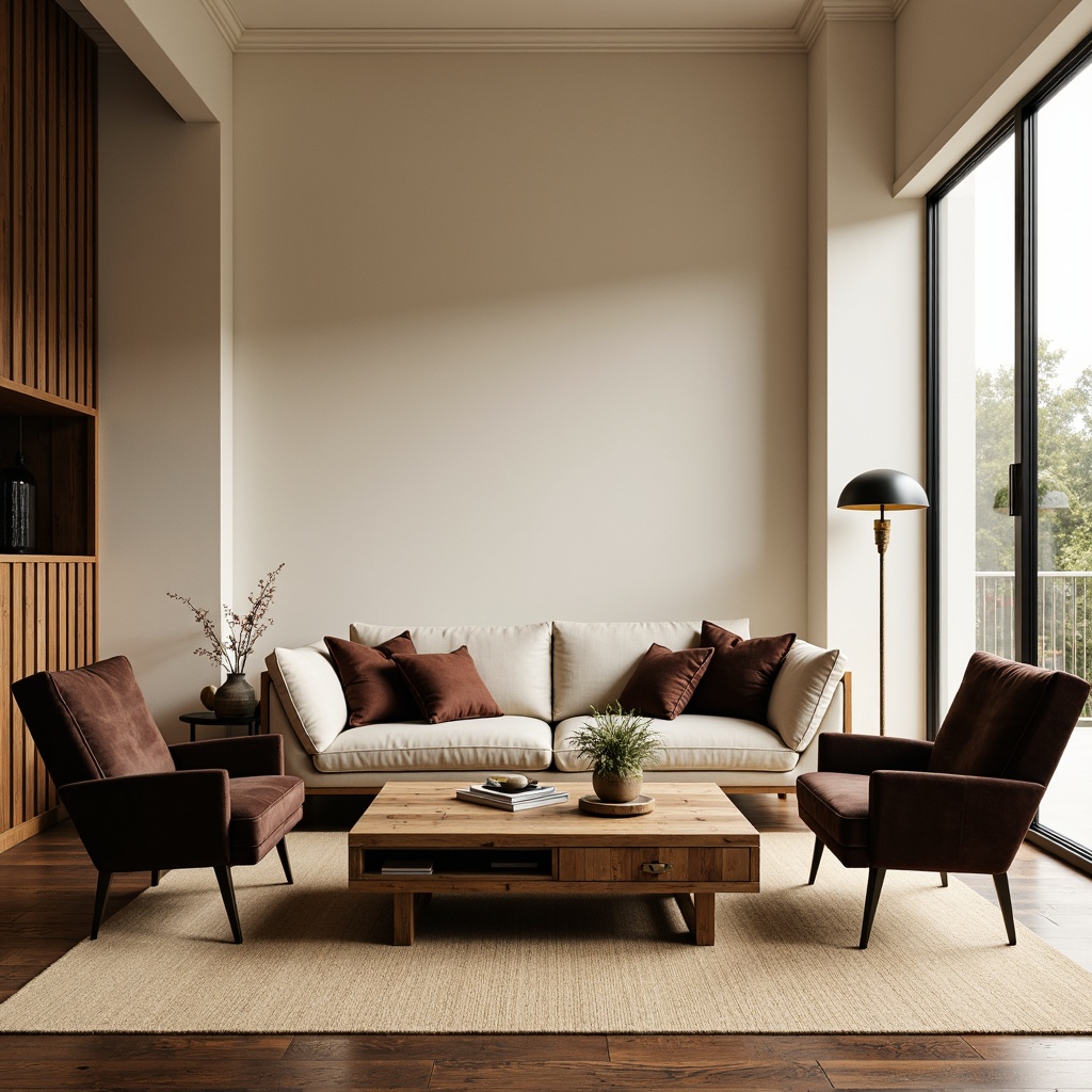 Prompt: Elegant living room, comfortable sofa, reclaimed wood coffee table, velvet armchairs, industrial metal lamp, natural fiber rug, minimalist decor, warm beige walls, large windows, soft diffused lighting, 1/2 composition, shallow depth of field, realistic textures, ambient occlusion.