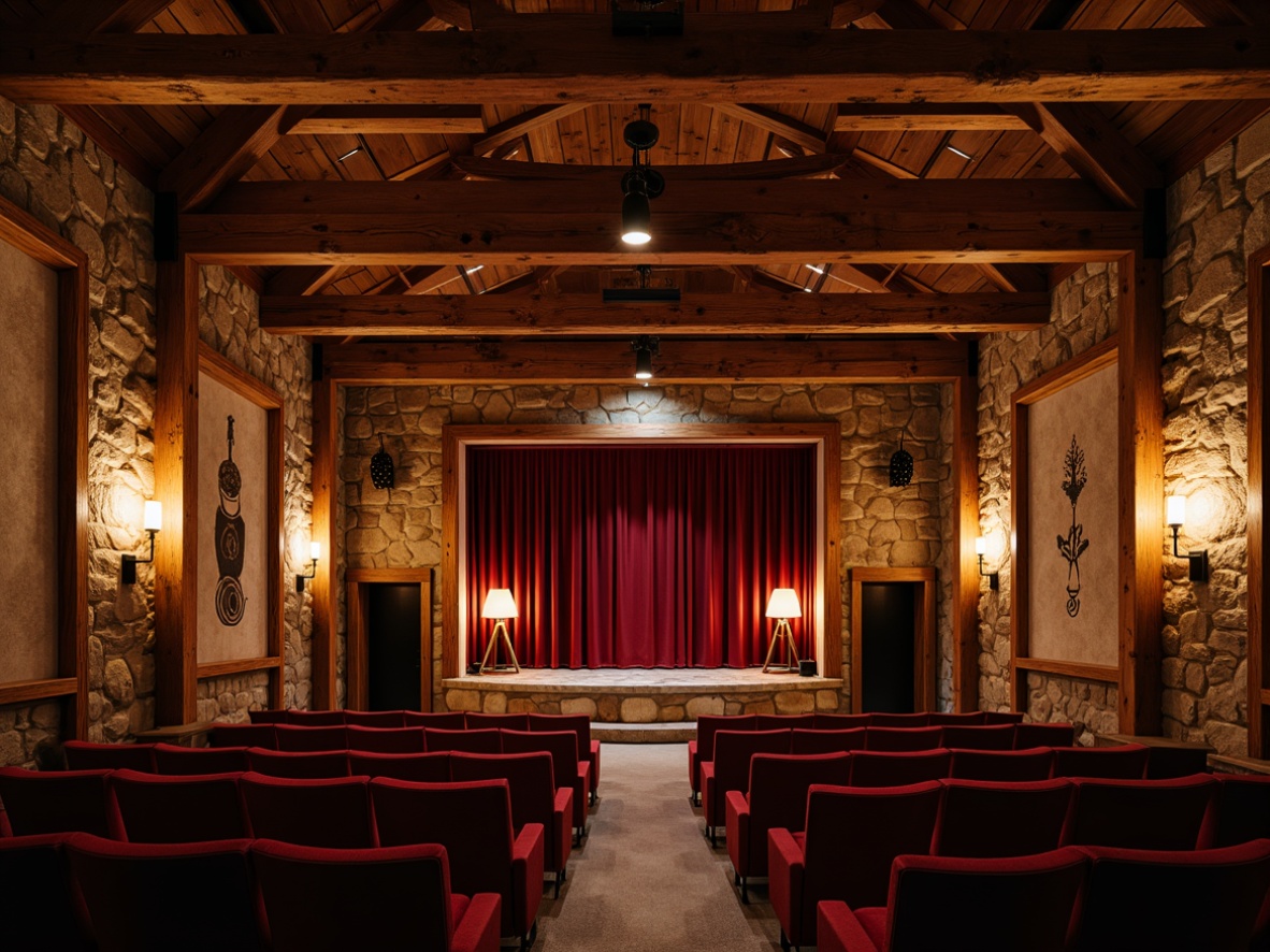 Prompt: Rustic farmhouse-style theater, exposed wooden beams, reclaimed barn wood accents, vintage metal fixtures, natural stone walls, earthy color palette, soft warm lighting, intimate performance space, curved seating arrangement, sound-absorbing acoustic panels, rich velvet curtains, plush comfortable seats, subtle wooden trim details, warm candlelight ambiance, 3/4 composition, shallow depth of field, realistic textures, ambient occlusion.