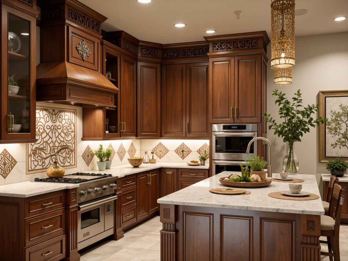 Prompt: Elegant kitchen, ornate cabinetry, intricately carved wooden details, marble countertops, metallic hardware, pendant lighting fixtures, geometric patterned backsplashes, nature-inspired motifs, botanical prints, soft warm lighting, shallow depth of field, 1/1 composition, realistic textures, ambient occlusion, warm beige tones, rich wood accents, sophisticated color palette, luxurious feel.