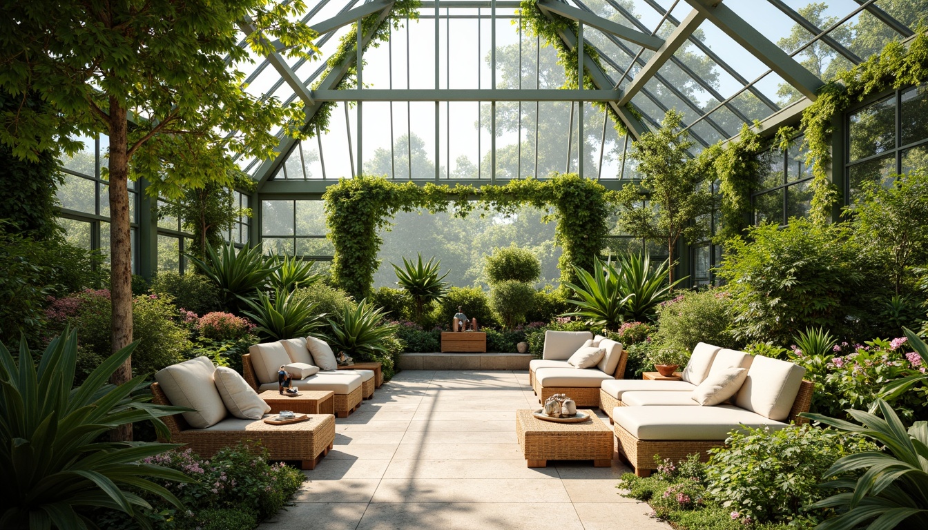 Prompt: Vibrant greenhouse interior, lush greenery, natural light filtering, comfortable seating areas, plush throw pillows, soft woven upholstery, breathable fabrics, moisture-wicking properties, thermal insulation, eco-friendly materials, sustainable textiles, organic cotton, recycled polyester, soothing color palette, calming ambiance, warm sunny day, gentle misting system, modern minimalist decor.