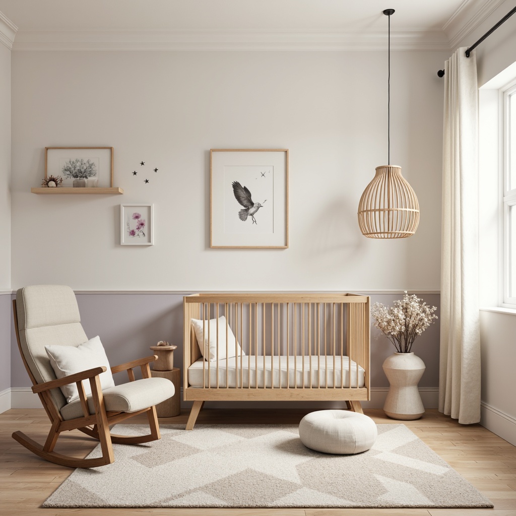 Prompt: Calming baby nursery, soft pastel colors, gentle cream walls, warm beige furniture, modern minimalist crib, sleek wooden rocking chair, plush area rug, subtle geometric patterns, soothing ambient lighting, natural linen curtains, airy feel, Scandinavian-inspired design, monochromatic color scheme, creamy whites, pale blues, mauve accents, gentle warmth, shallow depth of field, 1/1 composition, realistic textures.