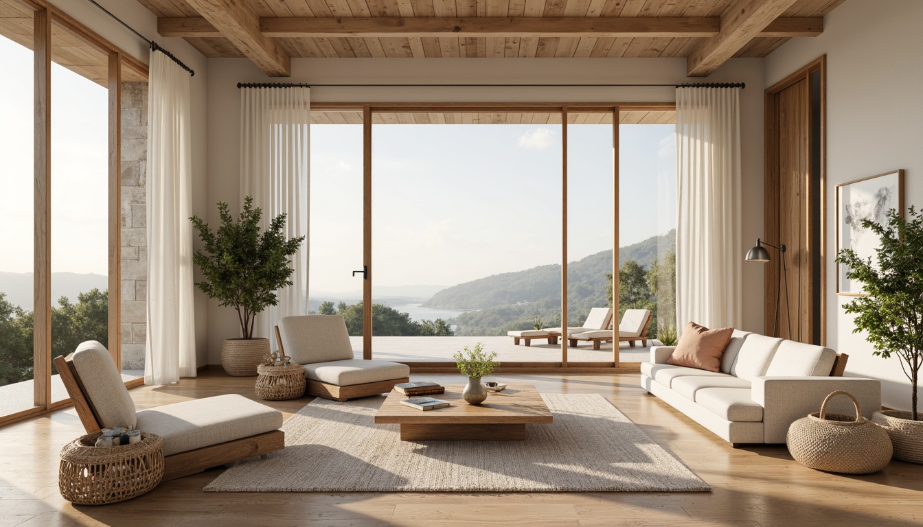 Prompt: Minimalist villa, natural wood accents, white washed walls, large windows, sliding glass doors, cozy reading nooks, plush area rugs, sleek low-profile sofas, wooden armchairs, woven baskets, pendant lamps, nature-inspired textiles, organic shapes, soft pastel colors, warm ambient lighting, shallow depth of field, 3/4 composition, panoramic view, realistic wood grain textures, ambient occlusion.