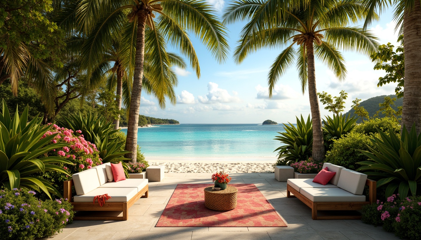 Prompt: Vibrant tropical venue, lush green foliage, exotic flowers, warm sandy beaches, crystal-clear turquoise water, rustic wooden accents, natural rattan furniture, vibrant coral-inspired hues, soft pastel shades, ocean breeze, sunny day, golden hour lighting, shallow depth of field, 1/2 composition, realistic textures, ambient occlusion.