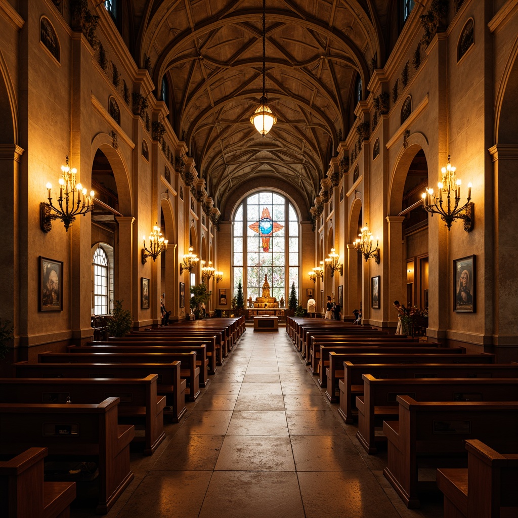 Prompt: Elegant church interior, ornate chandeliers, warm golden lighting, stained glass windows, soft diffused light, vaulted ceilings, intricate stone carvings, polished wooden pews, sacred symbols, serene ambiance, subtle color temperature, dramatic spotlights, ambient illumination, 3-point lighting setup, symmetrical composition, realistic textures, atmospheric rendering.