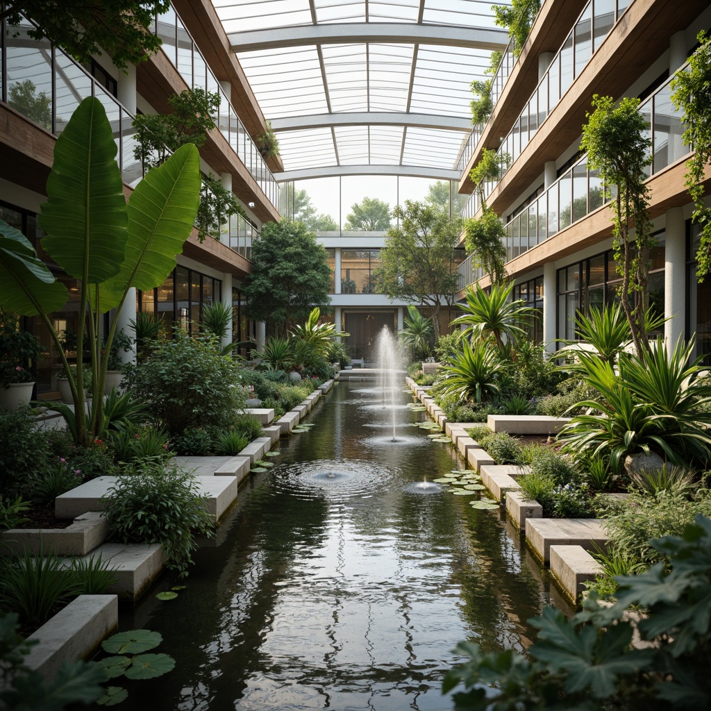 Prompt: Sleek modern greenhouse, lush tropical plants, serene water features, small ponds, trickling fountains, misting systems, natural stone flooring, wooden accents, glass roofs, automatic irrigation systems, humidity control, warm soft lighting, shallow depth of field, 3/4 composition, realistic textures, ambient occlusion.