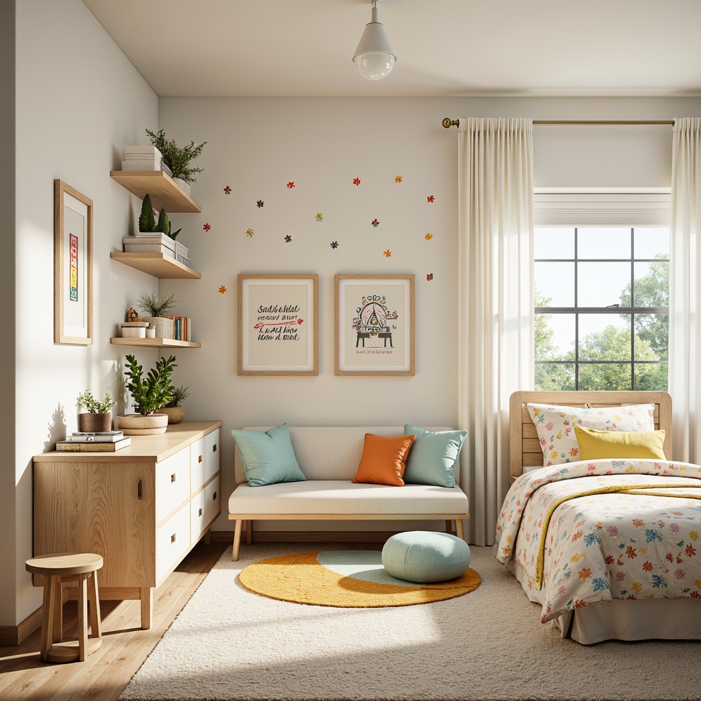 Prompt: Vibrant kids' bedroom, soft pastel hues, creamy whites, warm beiges, playful yellows, soothing blues, cheerful oranges, gentle greens, whimsical polka dots, fun stripes, lively florals, kid-friendly furniture, cozy reading nooks, plush carpets, colorful wall decals, inspiring quotes, natural wood accents, subtle textures, bright overhead lighting, 1/1 composition, shallow depth of field, realistic renderings.