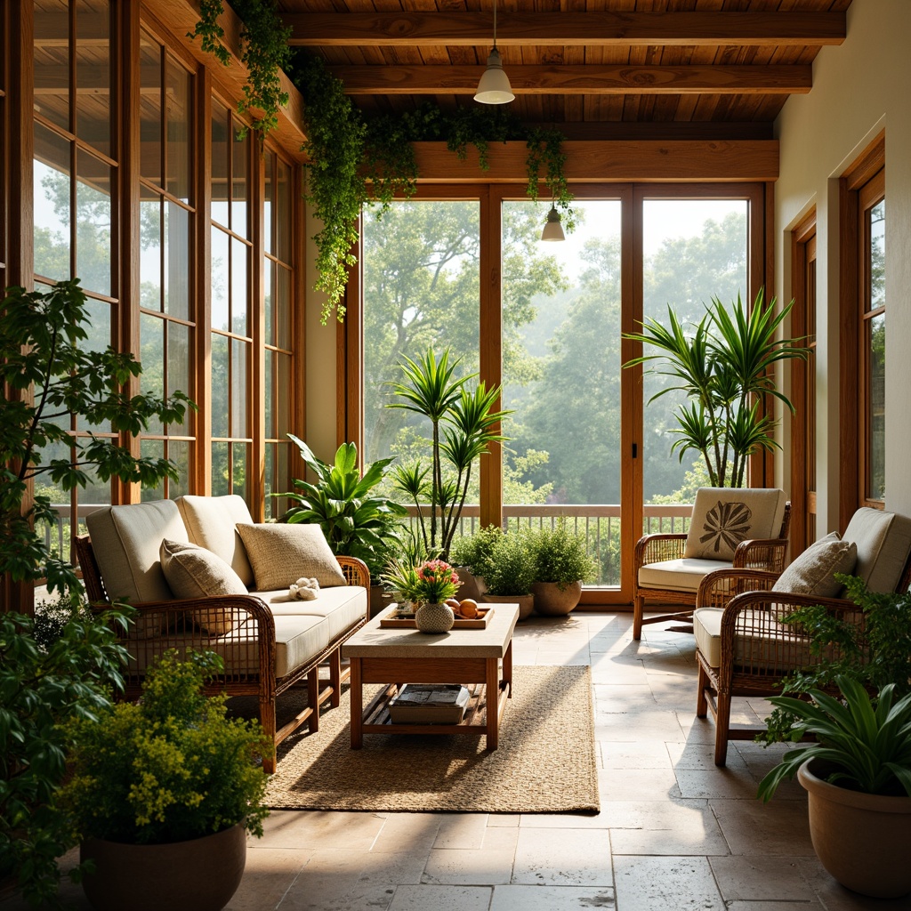 Prompt: Cozy sunroom, lush greenery, natural wood accents, wicker furniture, plush cushions, vibrant flower arrangements, floor-to-ceiling windows, sliding glass doors, warm beige walls, rustic stone flooring, soft warm lighting, shallow depth of field, 3/4 composition, panoramic view, realistic textures, ambient occlusion.Please let me know if this meets your requirements!