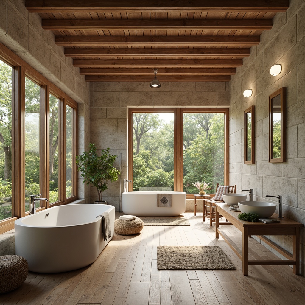 Prompt: Cozy Scandinavian bathroom, natural stone walls, wooden accents, light-colored wood floors, woven textiles, linen fabrics, rattan furniture, botanical prints, earthy color palette, moss-green hues, soft warm lighting, spa-like ambiance, freestanding tubs, rainfall showerheads, heated floors, ambient occlusion, shallow depth of field, 1/1 composition, serene atmosphere, organic feel, Nordic-inspired design.