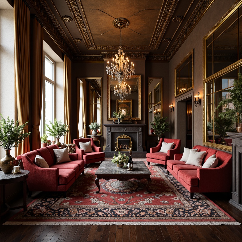 Prompt: Luxurious velvet sofas, intricately carved wooden armchairs, ornate gilded mirrors, crystal chandeliers, richly patterned oriental rugs, polished marble coffee tables, refined lace curtains, dignified grandfather clocks, antique bronze vases, soft warm candlelight, 1/1 composition, shallow depth of field, realistic textures, ambient occlusion.