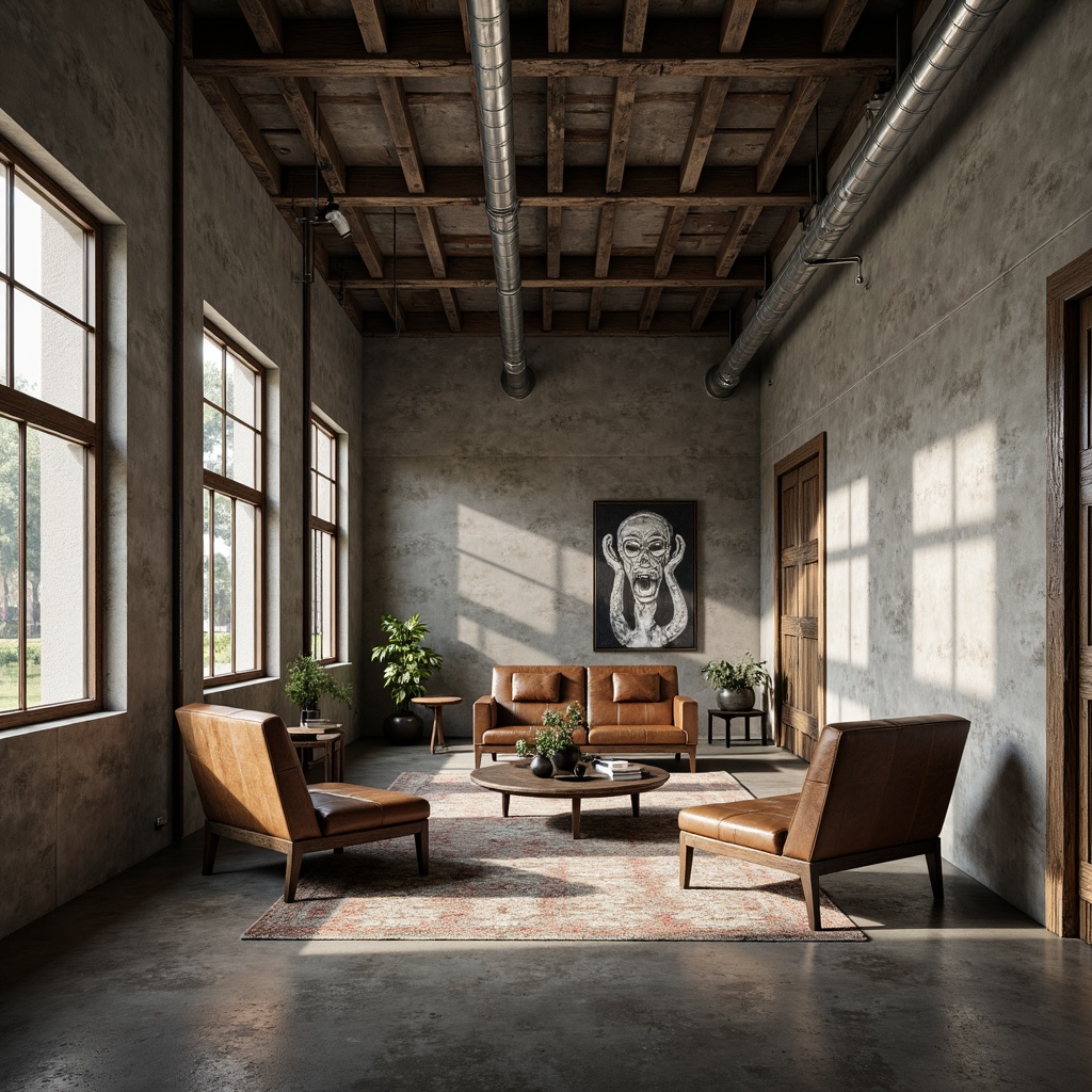 Prompt: Rugged brutalist hall, industrial chic furniture, raw concrete walls, exposed ductwork, metallic beams, reclaimed wood accents, minimalist decor, bold geometric shapes, distressed leather upholstery, chunky steel legs, low-hanging lamps, dramatic shadowing, high-contrast lighting, 1/1 composition, cinematic atmosphere, realistic material textures, ambient occlusion.