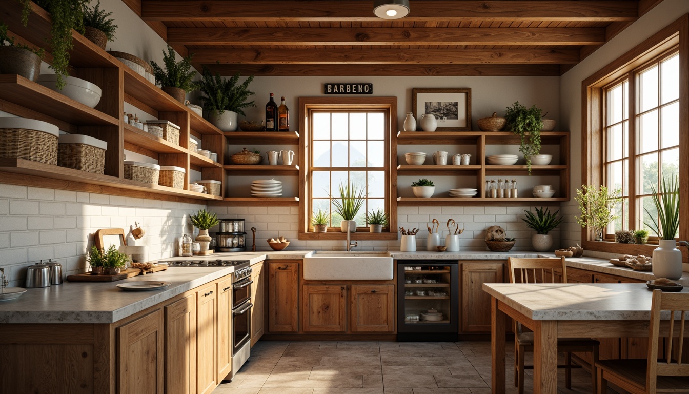 Prompt: Cozy pantry, warm earthy tones, rich wood accents, soft golden lighting, creamy whites, calming blues, rustic brick walls, natural stone countertops, wooden shelves, woven baskets, vintage metal signs, distressed finishes, farmhouse chic, inviting atmosphere, shallow depth of field, 1/1 composition, realistic textures, ambient occlusion.