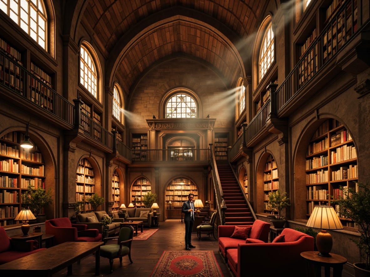 Prompt: Grand library interior, Gothic style architecture, vaulted ceilings, ribbed archways, ornate stone carvings, stained glass windows, warm golden lighting, intricate wooden bookshelves, leather-bound tomes, cozy reading nooks, rich velvet furnishings, majestic grand staircase, dramatic chandelier, mystical ambiance, atmospheric misting effect, cinematic composition, high dynamic range, detailed textures, realistic normal maps.