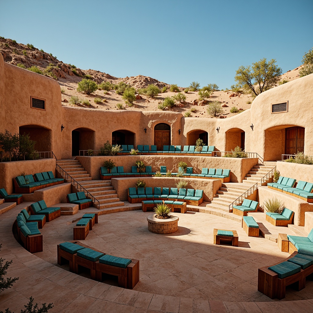 Prompt: Southwestern amphitheater, rugged stone walls, earthy terracotta flooring, worn wooden benches, distressed leather upholstery, vibrant turquoise accents, warm golden lighting, natural adobe architecture, rustic metal railings, weathered wood trim, desert landscape surroundings, cactus plants, sandy dunes, clear blue sky, soft warm shadows, 1/1 composition, realistic textures, ambient occlusion.