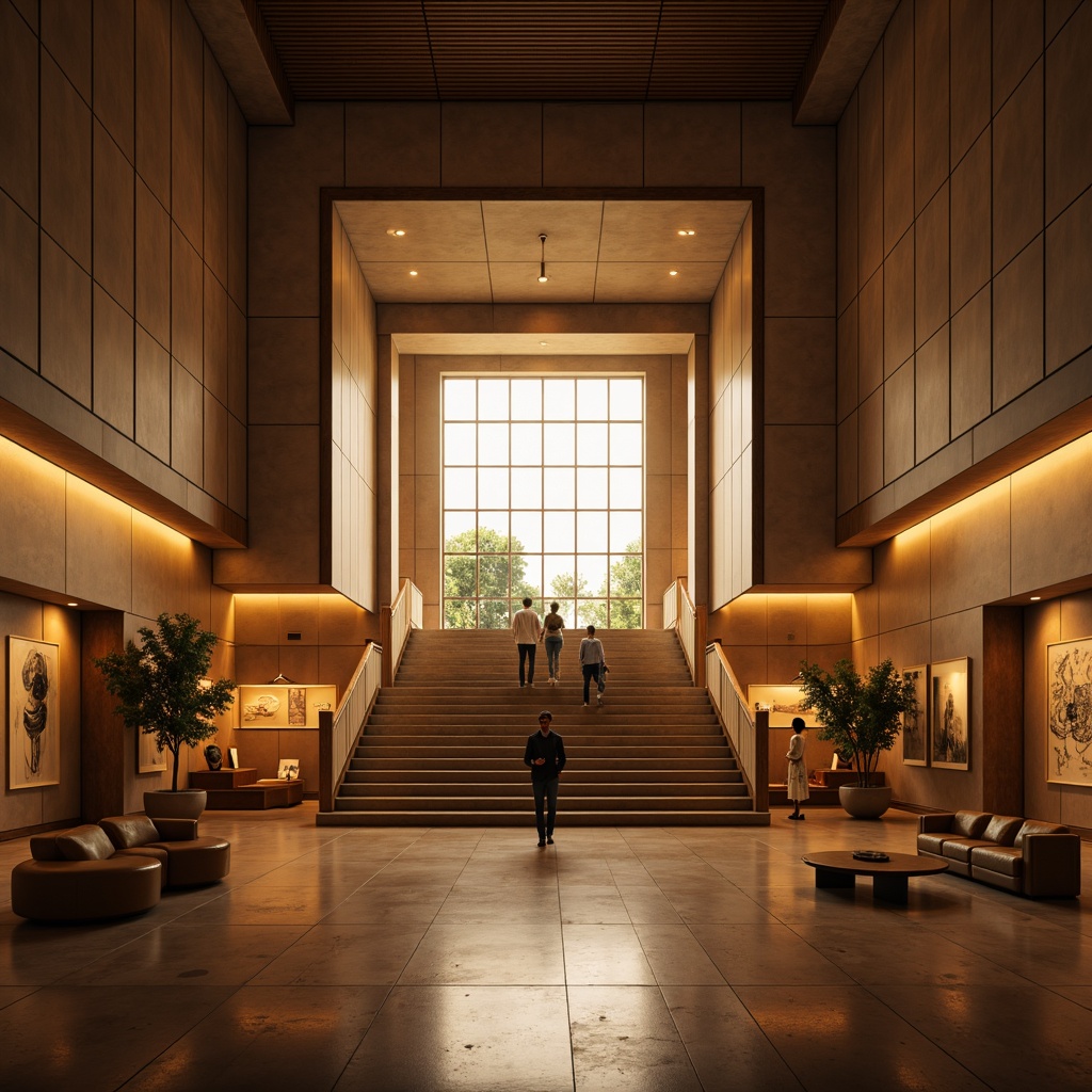 Prompt: Dramatic museum entrance, grand staircase, warm golden lighting, soft ambient glow, LED installations, floor-to-ceiling windows, natural daylight, abstract art pieces, sleek modern architecture, minimalist decor, polished marble floors, subtle shadows, high-contrast ratios, 1/2 composition, shallow depth of field, warm color temperature, softbox lights, accent spotlights, visitor interactive exhibits.