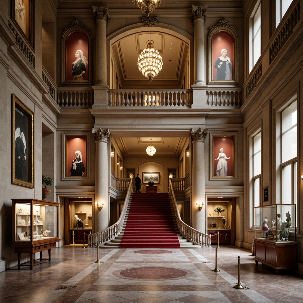 Prompt: Grand museum entrance, ornate stone facades, classical columns, majestic staircases, polished marble floors, richly patterned carpets, elegant chandeliers, traditional exhibition halls, wooden display cases, velvet rope barriers, intricate moldings, soft warm lighting, shallow depth of field, 3/4 composition, realistic textures, ambient occlusion.