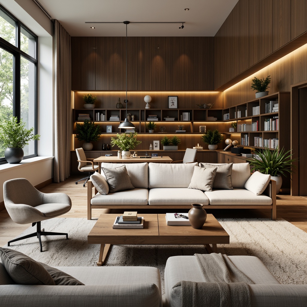 Prompt: Cozy living room, plush sofas, ergonomic chairs, wooden coffee tables, minimalist shelves, soft cushions, warm lighting, neutral color palette, comfortable throw blankets, oversized pillows, modern desks, adjustable office chairs, sleek bookcases, greenery, natural textures, organic materials, calm atmosphere, shallow depth of field, 1/1 composition, realistic rendering.