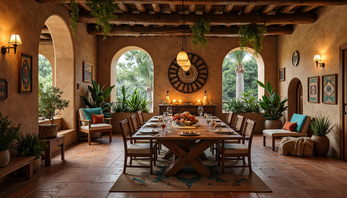 Prompt: Earthy southwestern dining room, rustic wooden furniture, woven Native American-inspired textiles, vibrant turquoise accents, natural stone walls, reclaimed wood flooring, warm terracotta tiles, cozy throw blankets, pendant lanterns, lush greenery, cacti plants, warm beige stucco, distressed metal decor, ambient candlelight, soft warm glow, shallow depth of field, 3/4 composition, panoramic view, realistic textures, ambient occlusion.