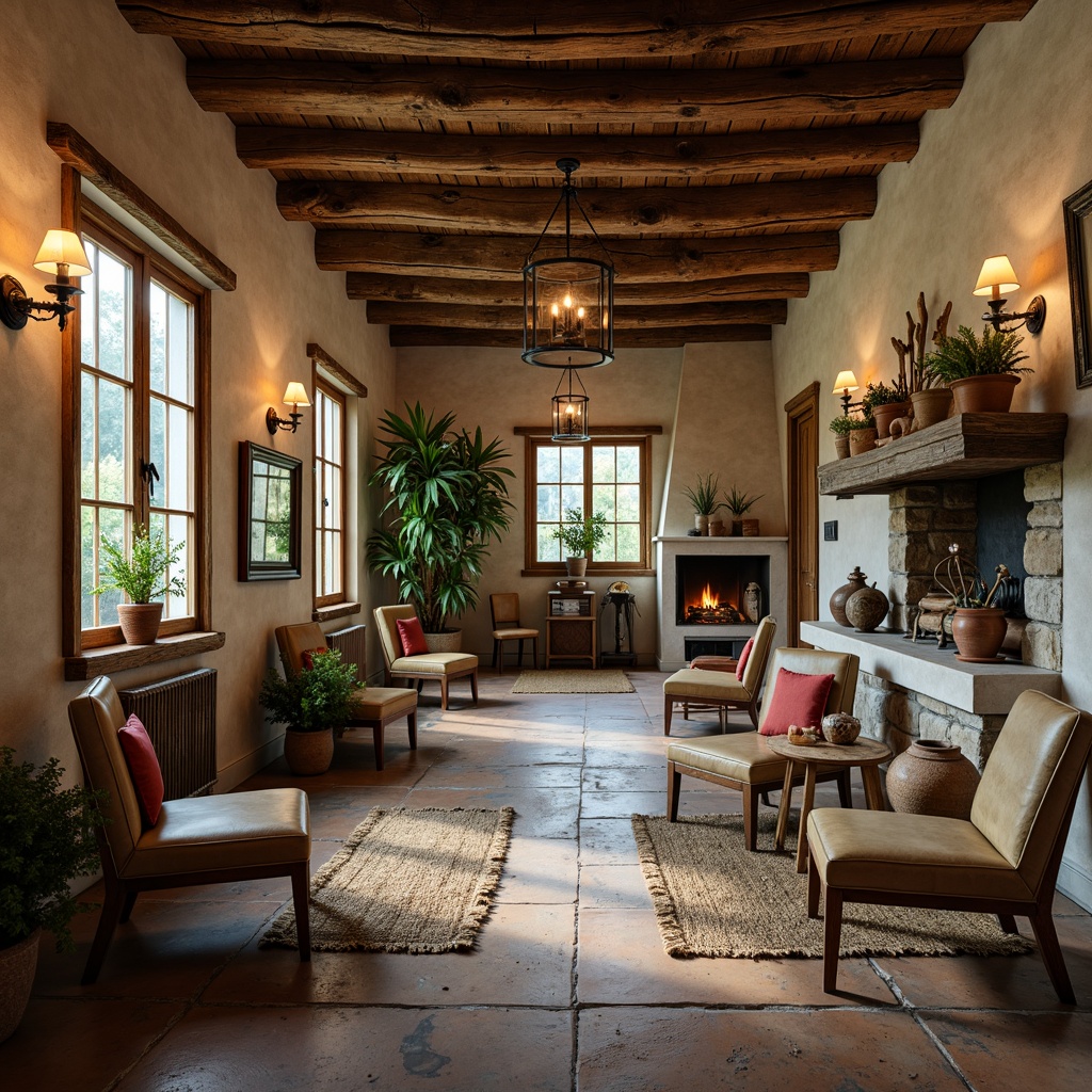 Prompt: Weathered wooden beams, rustic metal lanterns, vintage farm tools, natural stone fireplaces, distressed leather armchairs, woven jute rugs, earthy terracotta pots, potted greenery, rough-hewn wooden tables, antique farmhouse artifacts, soft warm lighting, cozy atmosphere, shallow depth of field, 1/1 composition, realistic textures, ambient occlusion.