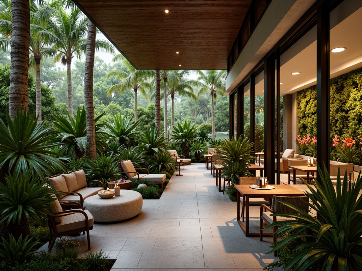 Prompt: Lush tropical foliage, exotic palm trees, vibrant flower arrangements, natural stone flooring, wooden accents, rattan furniture, warm lighting, intimate ambiance, elegant chandeliers, modern minimalist decor, floor-to-ceiling windows, sliding glass doors, private dining areas, lush green walls, vertical gardens, living walls, eco-friendly materials, organic textures, 1/1 composition, soft focus, warm color palette.