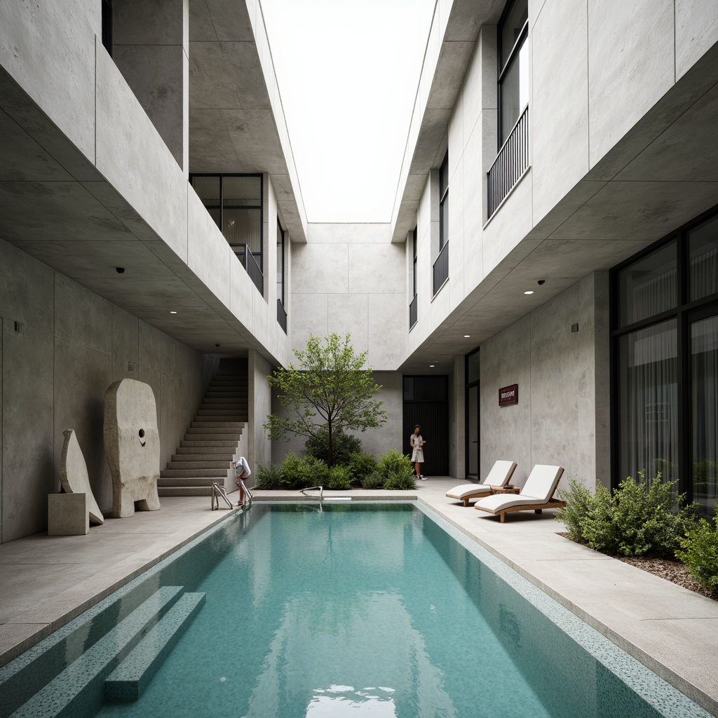 Prompt: Clean lines, rectangular forms, functional simplicity, industrial materials, exposed concrete walls, steel beams, minimalist decorations, sparse vegetation, calm atmosphere, natural light, diffused shadows, subtle color palette, functional pool equipment, geometric patterns, angular staircases, open spaces, modernist architecture, Bauhaus influences, minimalist sculptures, simple signage, serene ambiance, soft focus, shallow depth of field, 2/3 composition, atmospheric perspective.