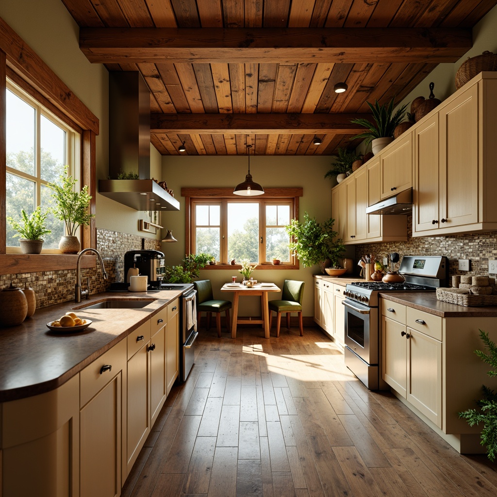 Prompt: Warm kitchen atmosphere, rich wood tones, earthy brown countertops, soft cream cabinets, stainless steel appliances, vibrant green accents, natural stone backsplashes, subtle texture contrasts, warm overhead lighting, cozy breakfast nook, comfortable seating area, inviting dining space, soft morning light, 1/1 composition, realistic reflections, ambient occlusion.