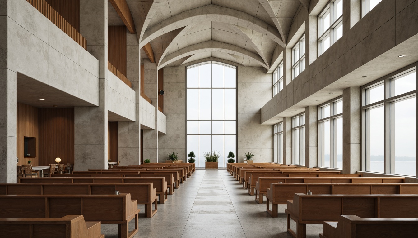 Prompt: Modern church interior, minimalist aesthetic, natural stone floors, polished concrete walls, wooden pews, stainless steel accents, frosted glass partitions, ambient lighting, soft pastel colors, textured fabric upholstery, geometric patterns, subtle metallic tones, warm wood accents, LED lighting systems, sleek lines, open spaces, vaulted ceilings, grandiose scale, dramatic architectural details.