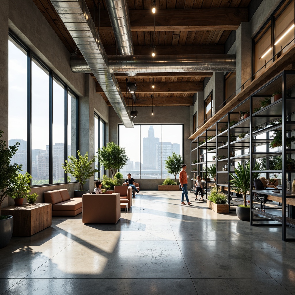 Prompt: Exposed ductwork, polished concrete floors, industrial chic aesthetic, reclaimed wood accents, metal beams, oversized windows, natural light pouring in, urban landscape views, modern minimalist decor, sleek metal furniture, functional shelving units, collaborative workspaces, ergonomic seating areas, green walls, living plants, atmospheric lighting, softbox illumination, shallow depth of field, 3/4 composition, panoramic view, realistic textures, ambient occlusion.