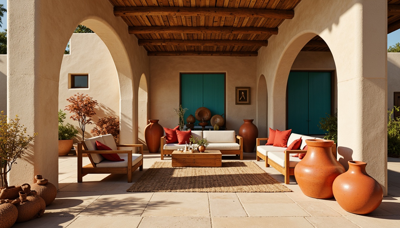 Prompt: Warm earthy tones, sandy beige walls, turquoise accents, rustic wooden furniture, vibrant red and orange hues, natural stone flooring, woven textiles, geometric patterns, bold ceramic vases, desert botanicals, warm golden lighting, shallow depth of field, 1/1 composition, realistic textures, ambient occlusion.