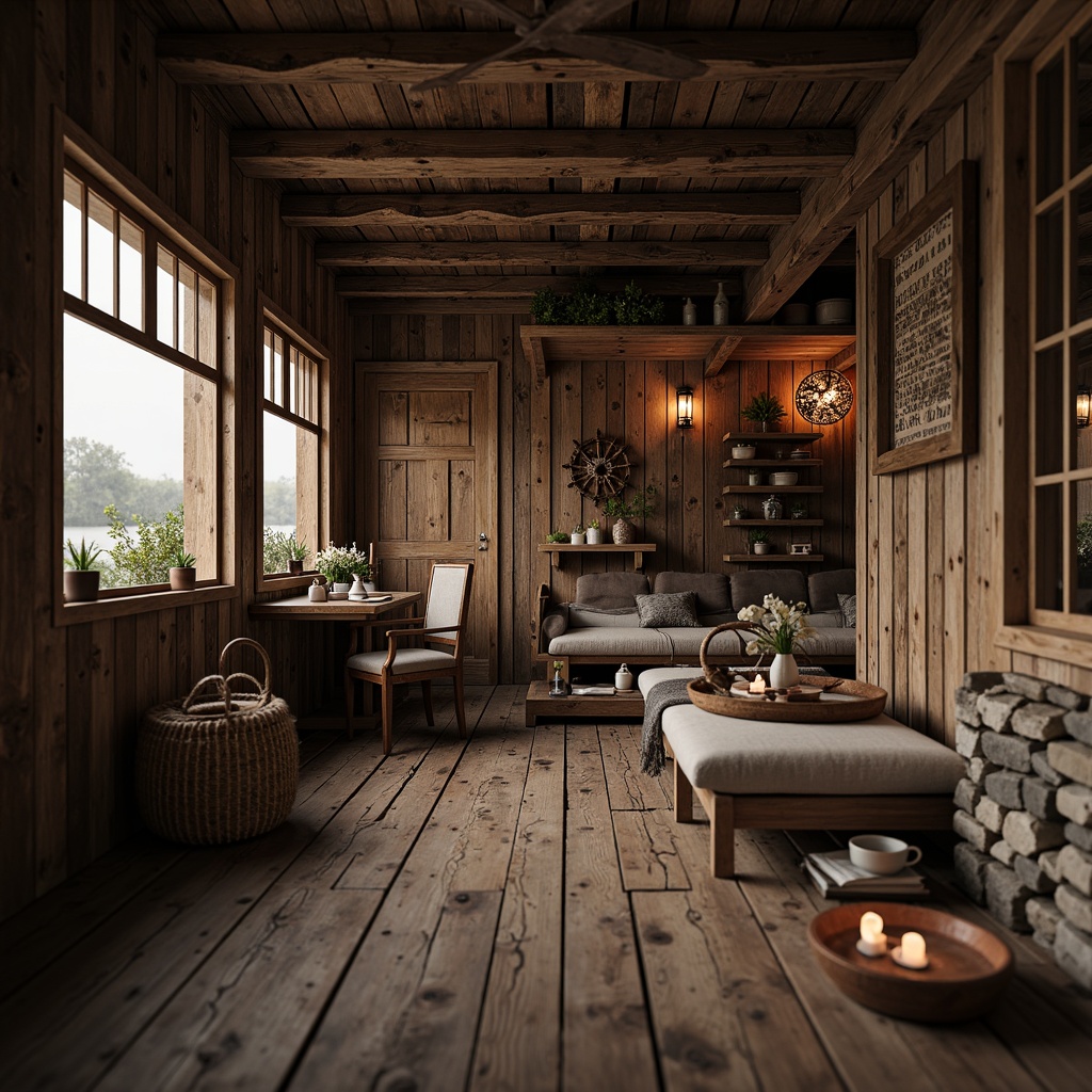 Prompt: Rustic boathouse, wooden dock, weathered planks, nautical ropes, vintage boat wheels, distressed wood textures, earthy color palette, natural stone foundation, wooden shutters, copper accents, lantern-style lighting, cozy interior, plush furnishings, warm candlelight, shallow depth of field, 1/1 composition, realistic wood grain, ambient occlusion.