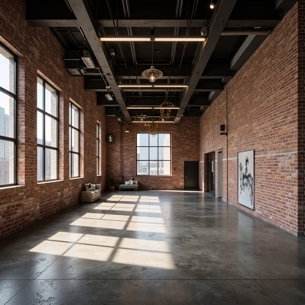 Prompt: Exposed brick walls, polished concrete floors, industrial metal beams, minimalist gallery space, innovative lighting fixtures, pendant lamps, Edison bulbs, steel shades, reclaimed wood accents, urban loft atmosphere, high ceilings, neutral color palette, natural light pouring in, dramatic shadows, spotlights on artwork, warm ambient glow, 3/4 composition, shallow depth of field, realistic textures.