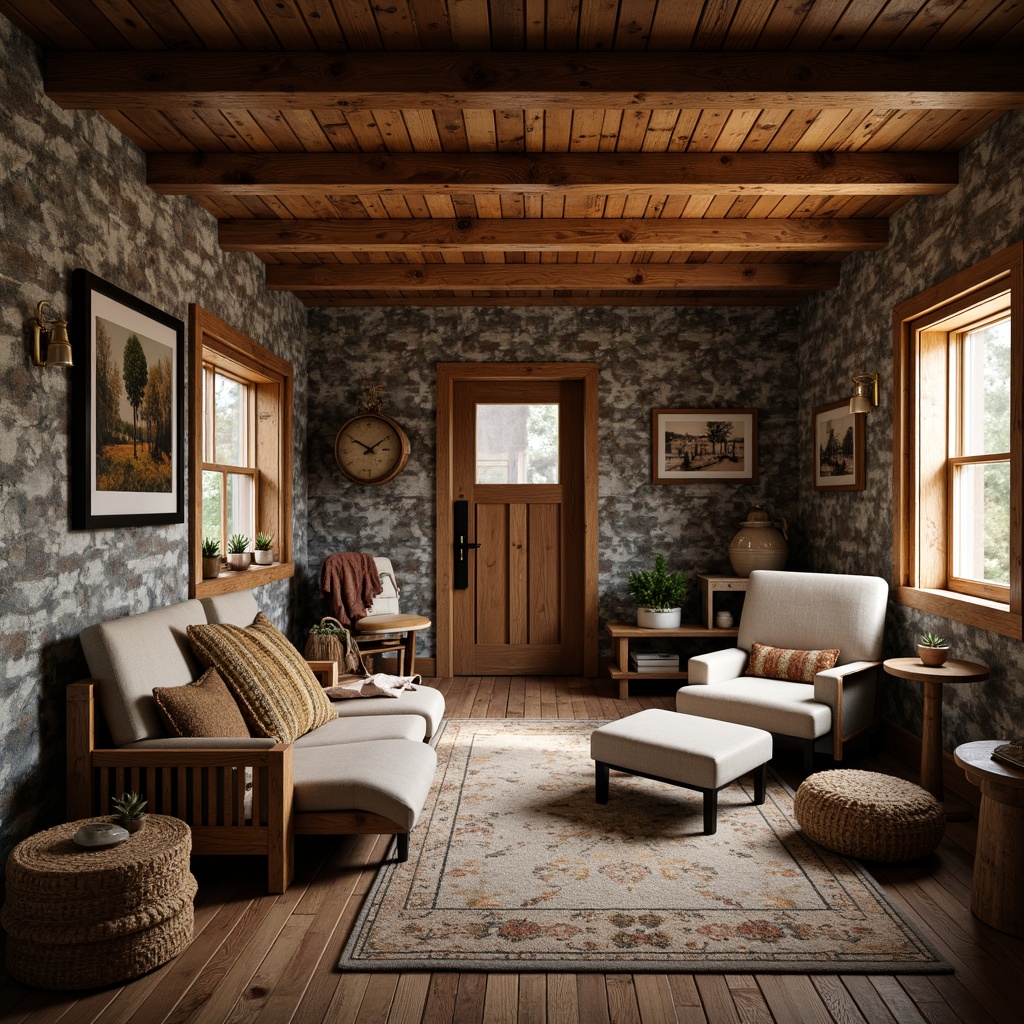 Prompt: Rustic cabin, wooden accents, earthy tones, stone walls, distressed finishes, natural textures, worn wood furniture, vintage decorations, cozy atmosphere, soft warm lighting, shallow depth of field, 1/1 composition, realistic textures, ambient occlusion.