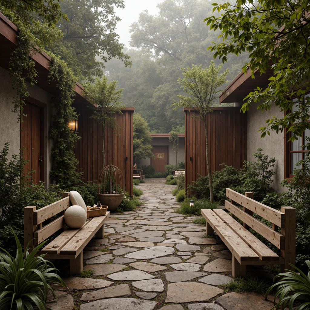 Prompt: Weathered wooden accents, earthy brown tones, moss-covered stone walls, rusty metal gates, vintage lanterns, natural stone pathways, overgrown vegetation, serene forest surroundings, misty morning atmosphere, soft diffused lighting, shallow depth of field, 2/3 composition, warm beige colors, distressed wood textures, subtle color gradations, organic shapes, natural materials, earth-toned ceramics, botanical patterns, elegant typography, rustic wooden benches.Please let me know if this meets your requirements!