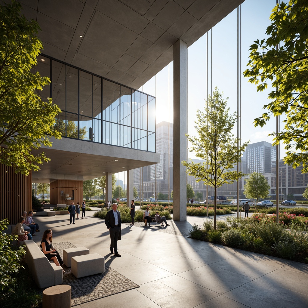 Prompt: Spacious civic plaza, sleek modern government building, transparent glass fa\u00e7ade, grand staircase, open atrium, natural light pouring in, elegant marble flooring, wooden accents, comfortable seating areas, lush greenery, vibrant flowers, public art installations, bustling cityscape, morning sunlight, soft warm lighting, shallow depth of field, 1/1 composition, realistic textures, ambient occlusion.