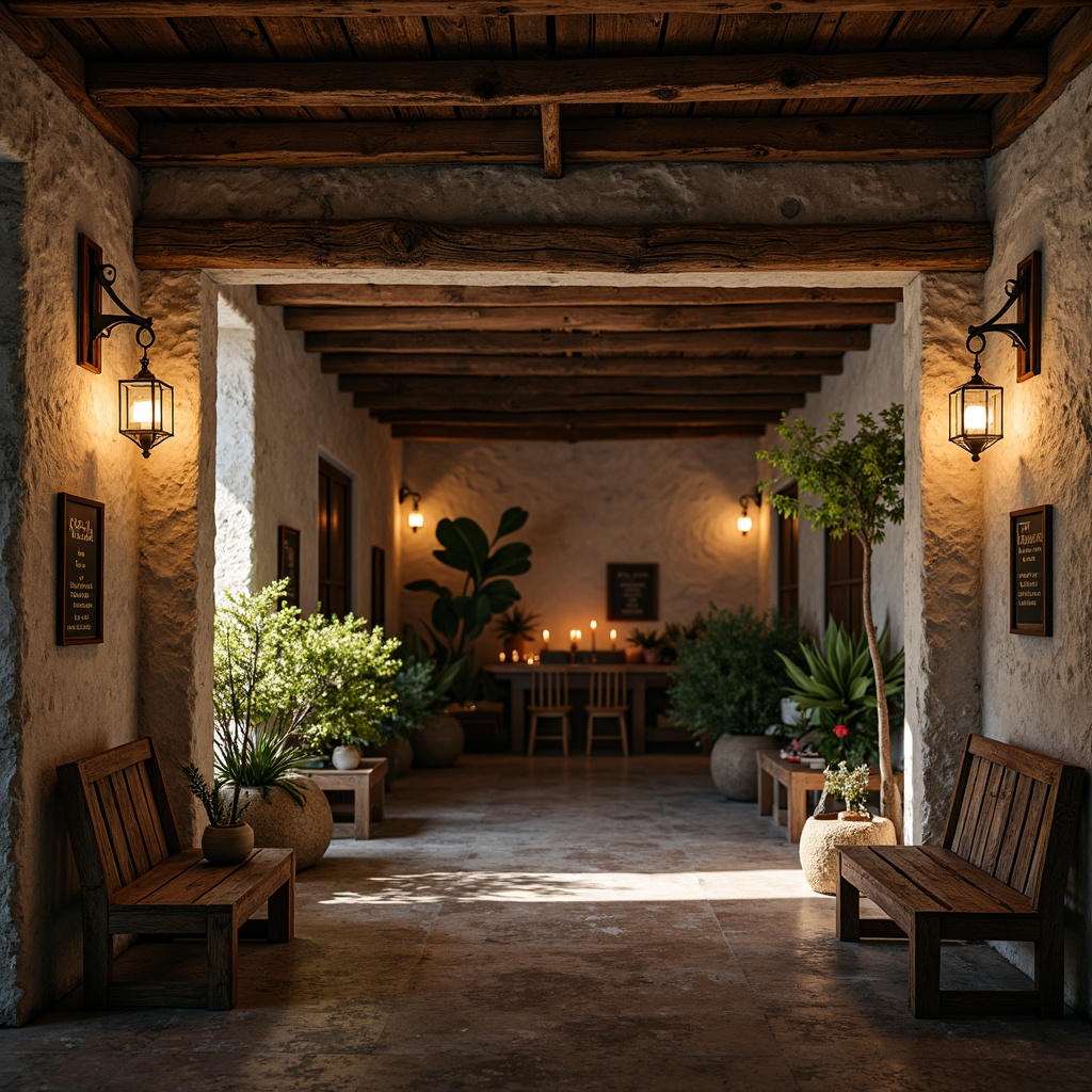 Prompt: Weathered stone walls, wooden accents, vintage lanterns, distressed metal decor, earthy color palette, natural textiles, botanical elements, memorial plaques, rustic wooden benches, candlelight, warm ambient lighting, soft shadows, shallow depth of field, 2/3 composition, intimate atmosphere, realistic textures, ambient occlusion.