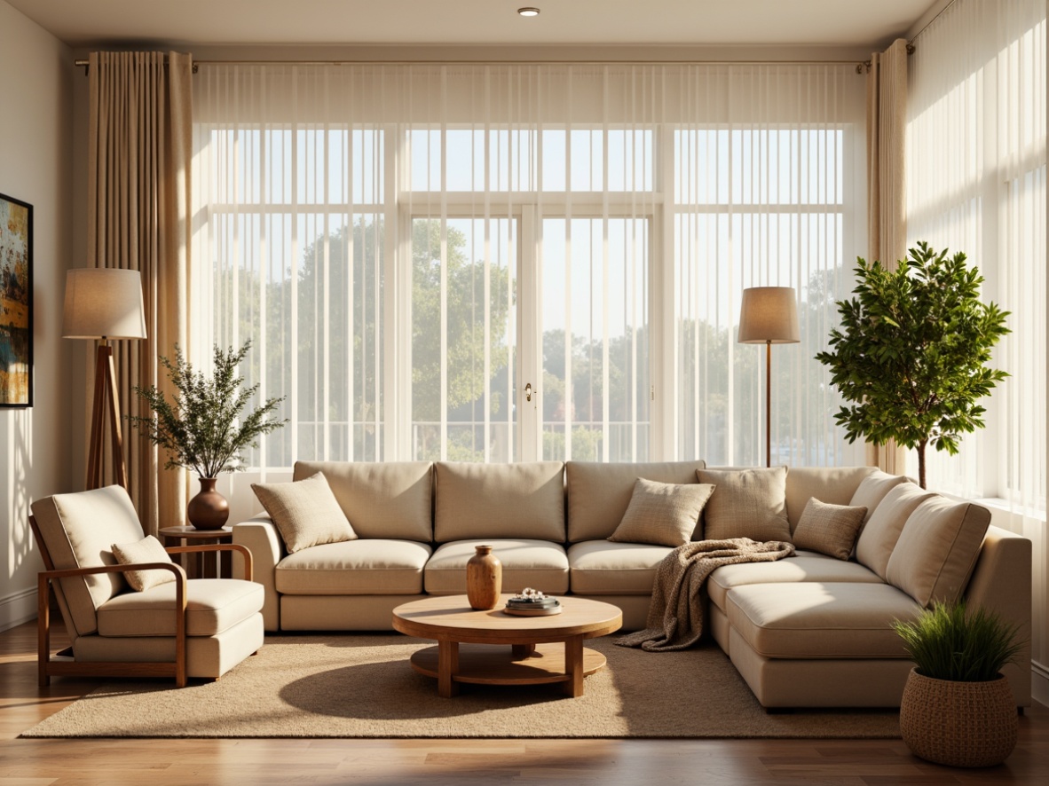 Prompt: Cozy living room, plush sofas, velvet armchairs, wooden coffee tables, minimalist decor, soft warm lighting, creamy white walls, beige carpets, natural textiles, woven baskets, greenery plants, floor-to-ceiling windows, modern interior design, elegant curves, sophisticated lines, premium leather upholstery, ergonomic seating, ambient atmosphere, relaxed ambiance.