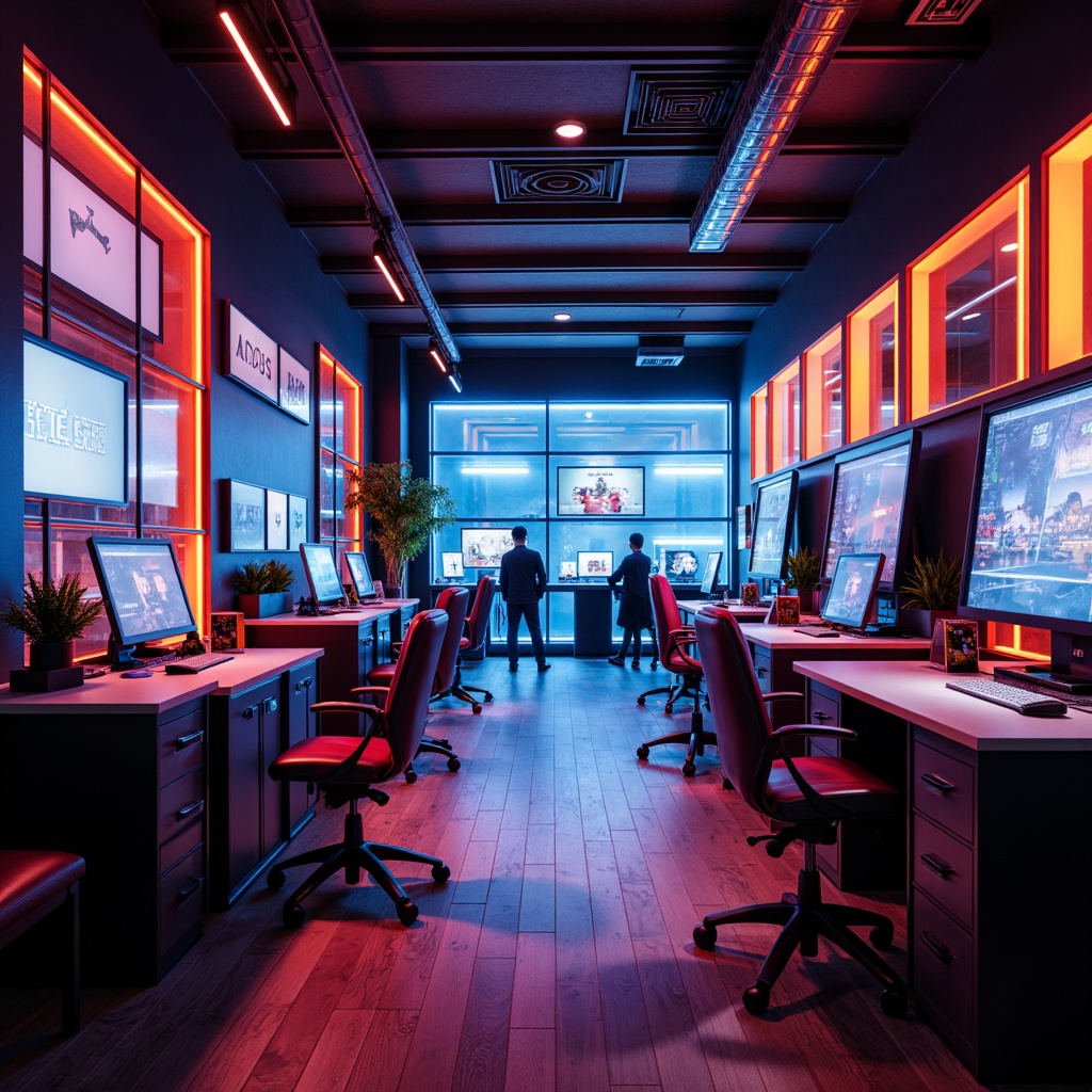 Prompt: Vibrant game room, bold neon colors, electric blue accents, bright yellow highlights, deep red tones, dark grey backgrounds, futuristic glow effects, high-tech gadgetry, sleek metal frames, modern minimalist furniture, immersive virtual reality experiences, atmospheric ambient lighting, shallow depth of field, 1/1 composition, realistic textures, ambient occlusion.