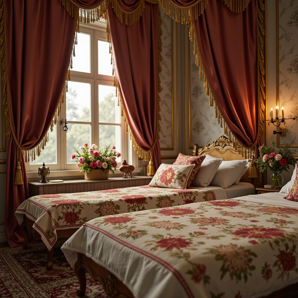 Prompt: Luxurious velvet fabrics, intricate golden embroidery, delicate lace trimmings, soft pastel colors, ornate floral patterns, rich satin drapes, lavish tassels, opulent brocade textiles, Baroque-inspired designs, curved lines, dramatic folds, grandiose scale, warm candlelight, soft focus, 1/2 composition, intimate atmosphere.