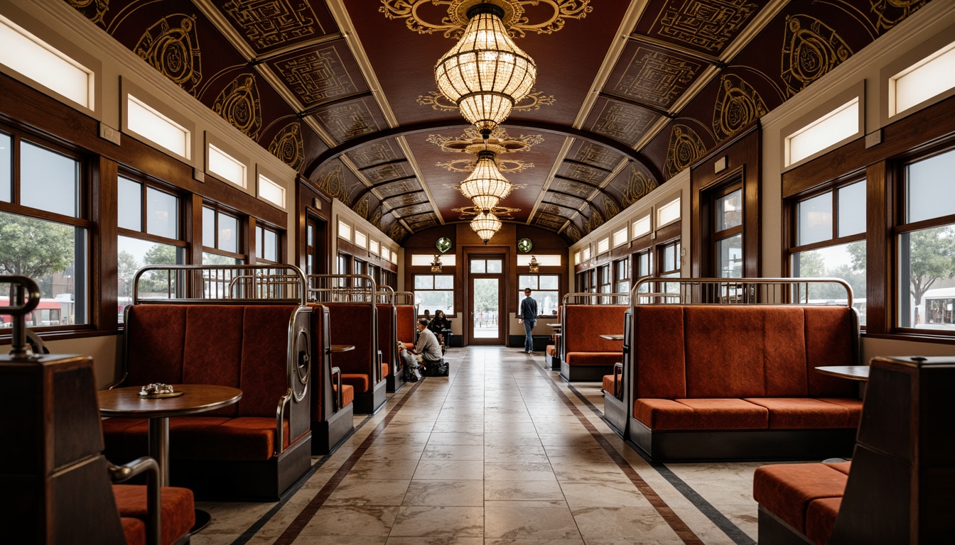 Prompt: Luxurious bus station, curved lines, ornate metalwork, geometric patterns, rich wood tones, velvet upholstery, chrome accents, marble floors, grand chandeliers, ornamental railings, vintage luggage racks, leather straps, distressed finishes, warm ambient lighting, shallow depth of field, 3/4 composition, symmetrical arrangement, realistic textures, subtle color palette.