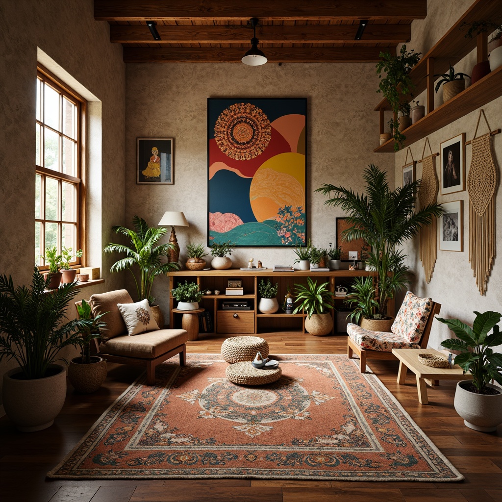 Prompt: \Vibrant art studio, eclectic bohemian decor, rich wood accents, bold colorful artwork, natural textiles, woven baskets, macrame wall hangings, potted plants, industrial metal shelving, reclaimed wood furniture, warm golden lighting, shallow depth of field, 1/2 composition, soft focus, realistic textures, ambient occlusion.\