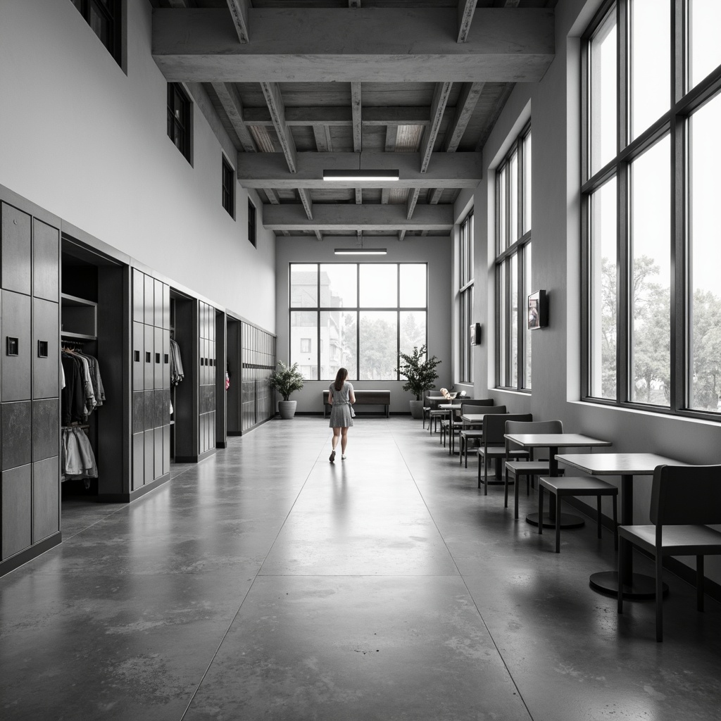 Prompt: Monochromatic high school hallway, clean lines, minimalist decor, subtle texture contrast, industrial metal lockers, polished concrete floors, neutral color palette, natural light pouring in, soft shadows, 1/1 composition, shallow depth of field, realistic reflections, ambient occlusion, modern furniture, sleek tables, ergonomic chairs, geometric patterns, simplicity emphasis.