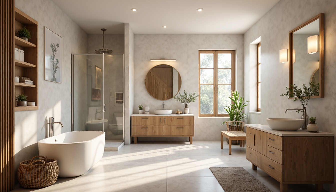 Prompt: Cozy Scandinavian bathroom, soft warm lighting, frosted glass fixtures, minimalist pendant lamps, LED strips under cabinets, natural stone flooring, white marble countertops, wooden accents, Nordic-inspired furniture, calming color palette, gentle ambiance, morning sunlight, subtle shadows, 1/1 composition, high-key image, realistic reflections, ambient occlusion.