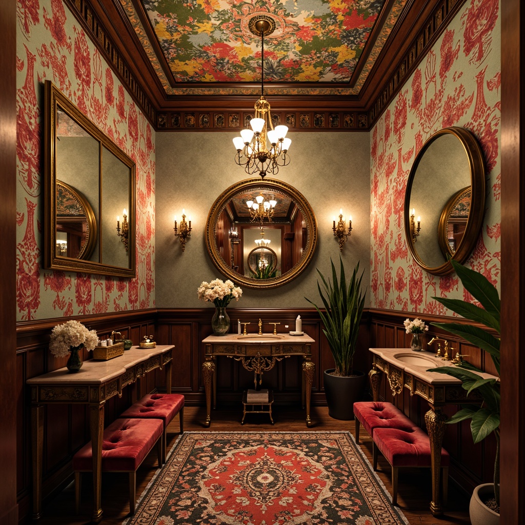 Prompt: Richly decorated powder room, eclectic mix of vintage and modern elements, ornate mirrors, lavish chandeliers, bold colorful wallpaper, plush velvet furnishings, antique vanities, intricately carved wooden accents, metallic gold hardware, soft warm lighting, shallow depth of field, 1/1 composition, realistic textures, ambient occlusion.