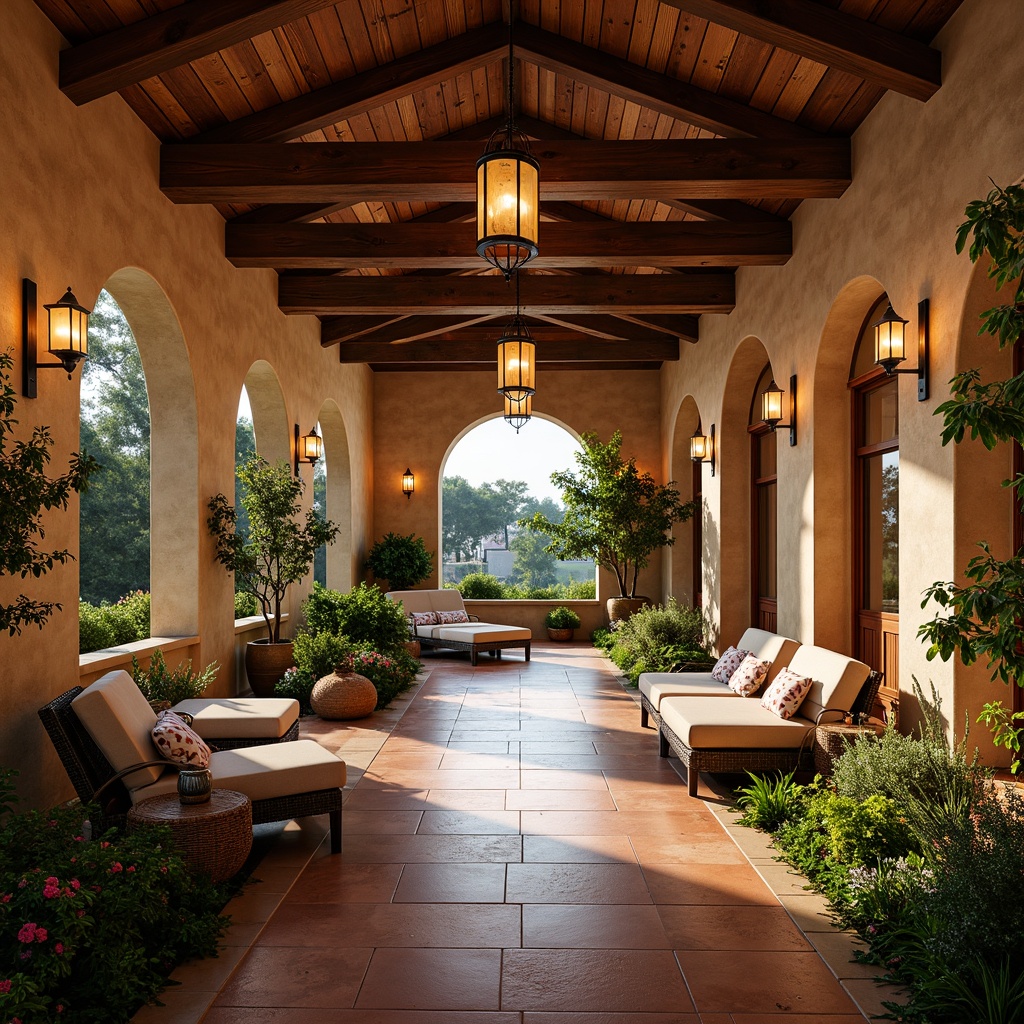 Prompt: Warm Mediterranean villa, rustic stone walls, ornate wooden beams, grand archways, sun-kissed terracotta floors, lush greenery, vibrant bougainvillea flowers, wrought iron lanterns, elegant chandeliers, pendant lights, candles, soft warm glow, ambient lighting, subtle shadows, cozy atmosphere, intimate seating areas, plush furniture, natural textiles, earthy color palette, warm beige tones, rustic metal accents, distressed wood finishes, ornate tile work, arched windows, panoramic views, serene outdoor spaces.