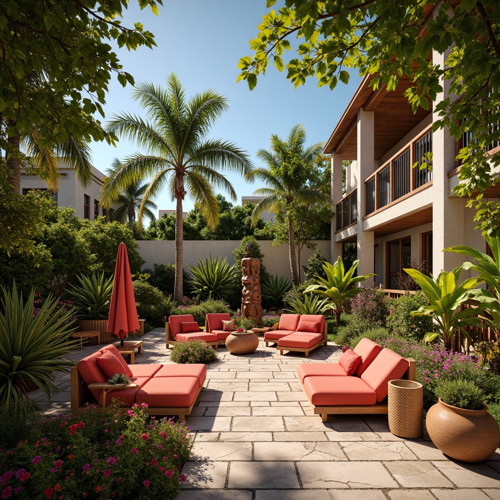 Prompt: Vibrant tropical flowers, lush greenery, exotic palm trees, natural wicker furniture, colorful tiki torches, woven rattan accents, bold geometric patterns, bright coral colors, textured stone walls, intricate wooden carvings, ocean-inspired sculptures, warm sunny lighting, shallow depth of field, 1/1 composition, realistic textures, ambient occlusion.