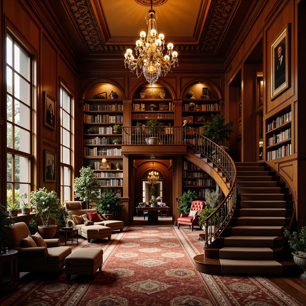 Prompt: Luxurious Victorian-era mansion, intricately patterned hardwood floors, rich dark wood tones, ornate furnishings, grand chandeliers, opulent fabrics, velvet drapes, gilded accents, stately staircases, lavish parlors, elegant dining rooms, refined libraries, sophisticated studies, warm golden lighting, soft focus photography, 1/2 composition, realistic textures, ambient occlusion.