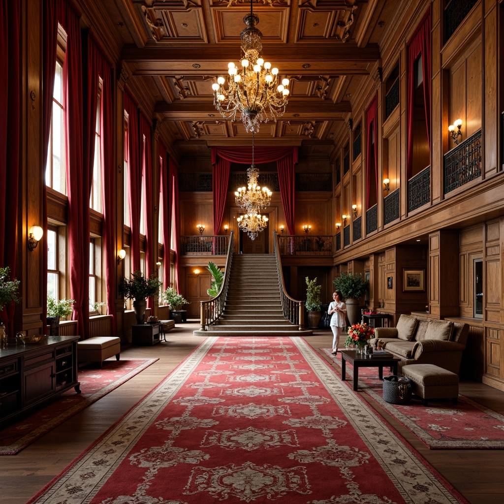 Prompt: Richly patterned carpet, ornate wooden floors, antique oak panels, distressed leather mats, vintage gym equipment, heavy drapery, opulent chandeliers, warm golden lighting, deep red accents, lavish furnishings, intricate moldings, restored antique fixtures, elegant staircases, grandiose ceiling heights, 1/1 composition, symmetrical framing, dramatic shadows, realistic wood textures.